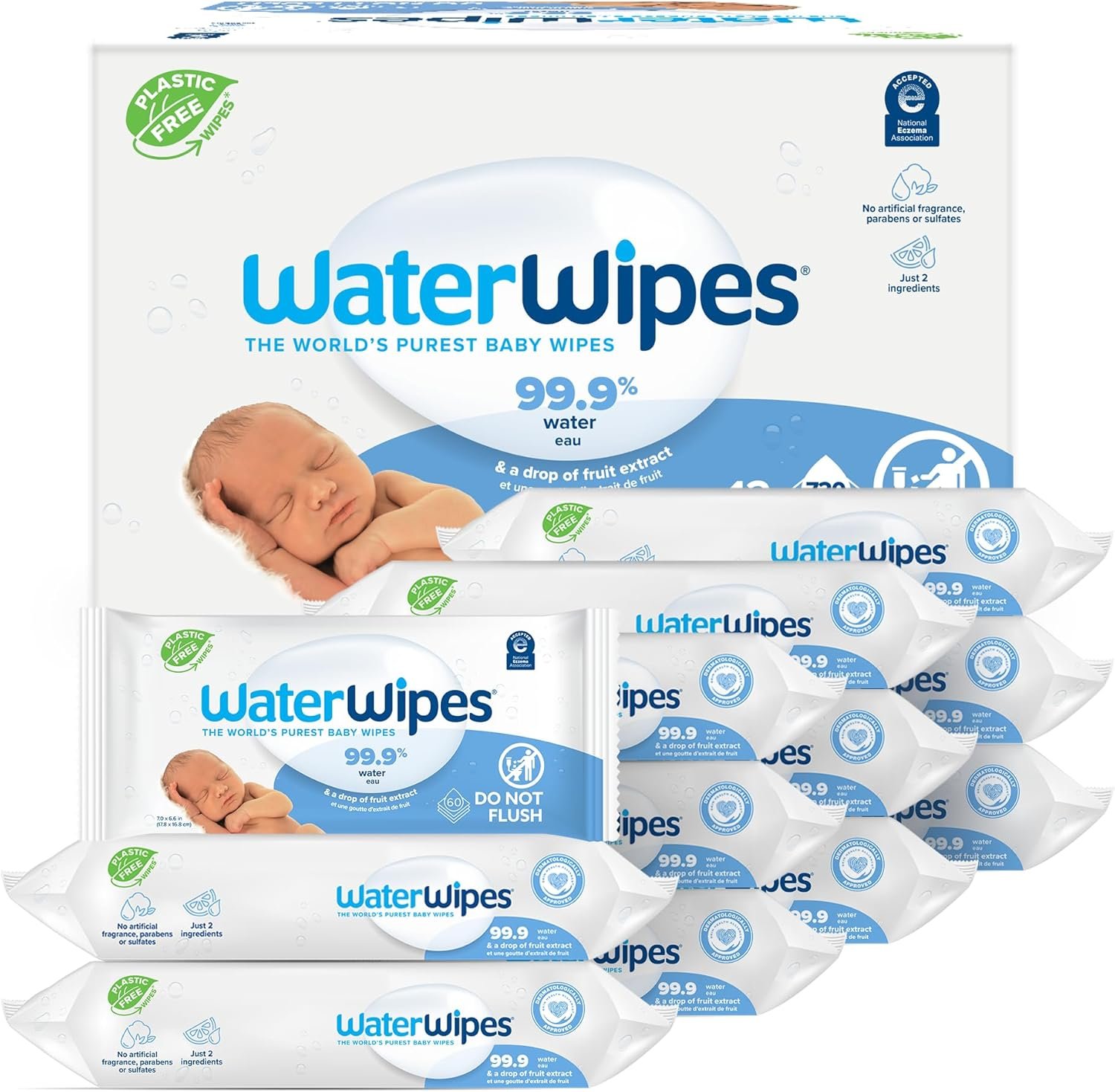 WaterWipes Plastic-Free Original Baby Wipes - 99.9% Water-Based, Unscented & Hypoallergenic for Sensitive Skin