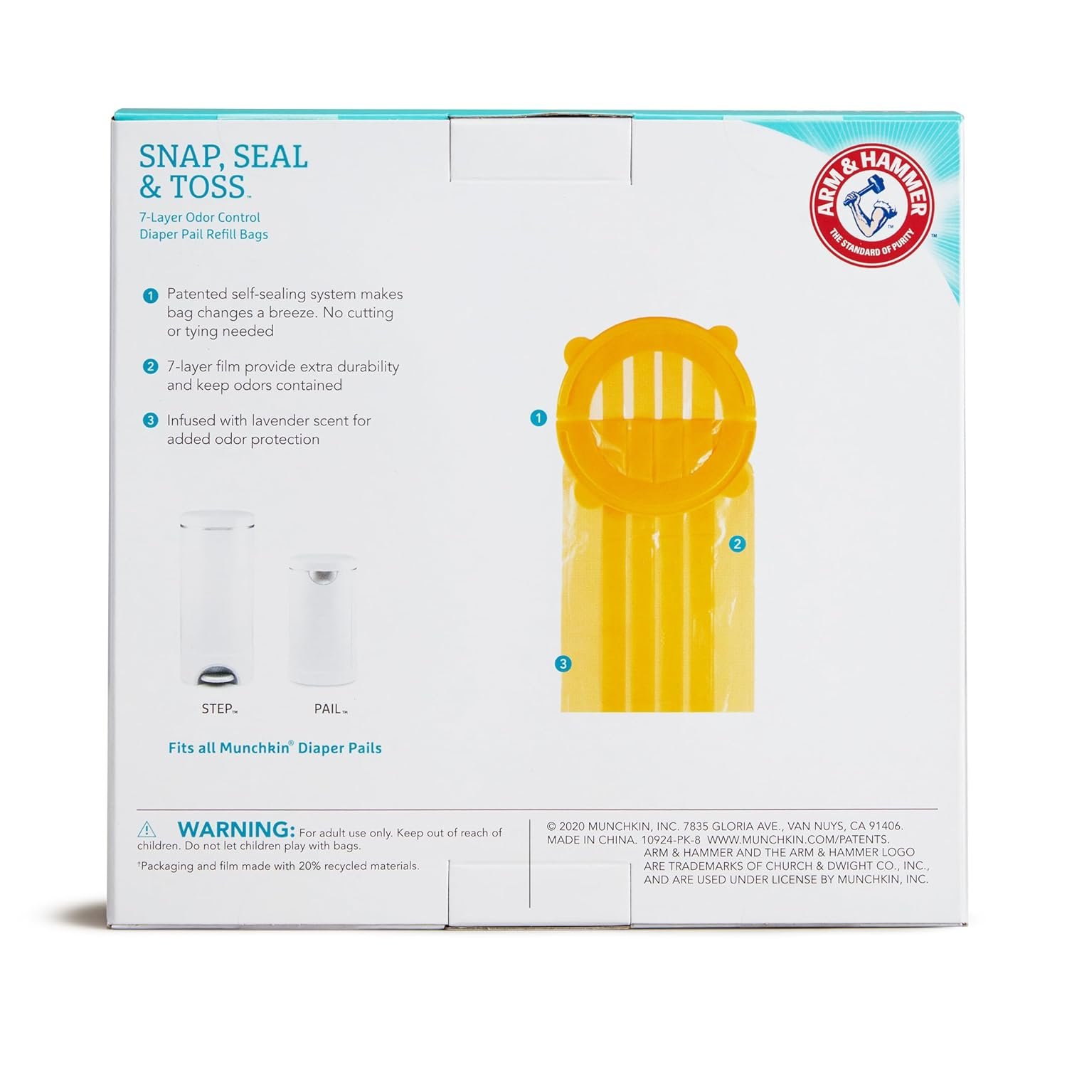 Buy Munchkin® Arm & Hammer Best Diaper Pail Snap, Seal & Toss™ Refill Bags, Holds up to 600 Newborn Diapers, 20 Pack Review - Image 6