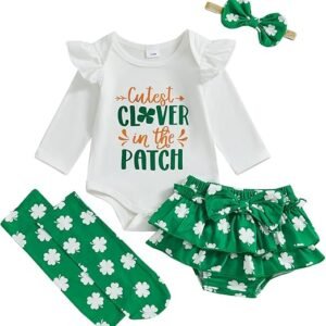 BeQeuewll Newborn Baby Girl Easter Outfit – 4Pcs Bunny Romper, Tutu Skirt, & Headband Set