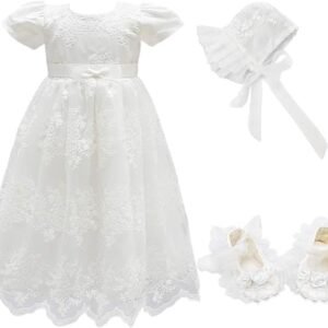 Glamulice Baby Girls Christening Baptism Dress – Floral Embroidered Lace Dress for Newborns & Toddlers