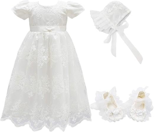 Glamulice Baby Girls Christening Baptism Dress – Floral Embroidered Lace Dress for Newborns & Toddlers