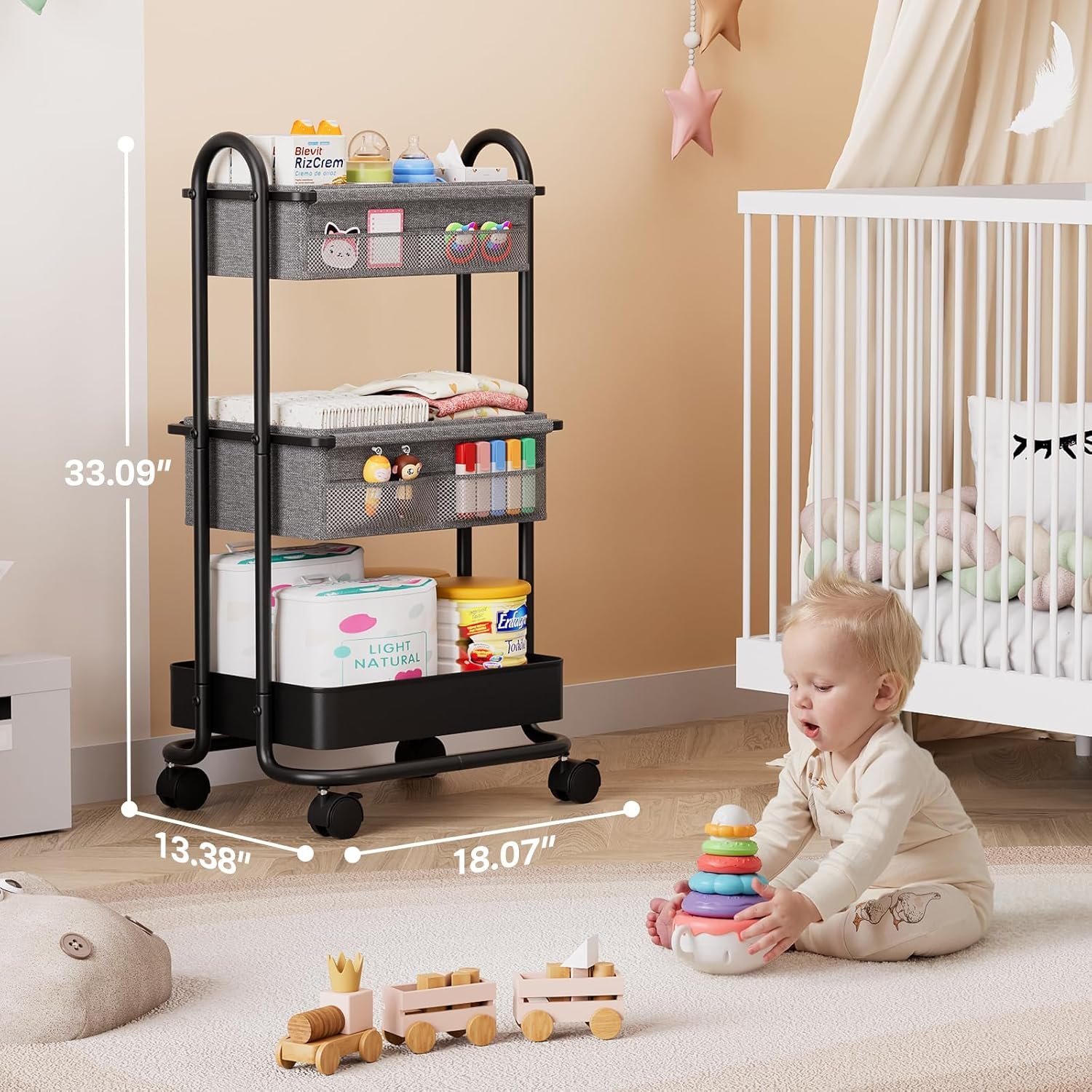 Best Baby Diaper Caddy Organizer Cart - 3 Tier Rolling Cart Organizer with Wheels, Baby Essentials for Nursery Storage, Detachable Dividers - for Crib, Bedroom, Art & Craft Organizer - Image 6