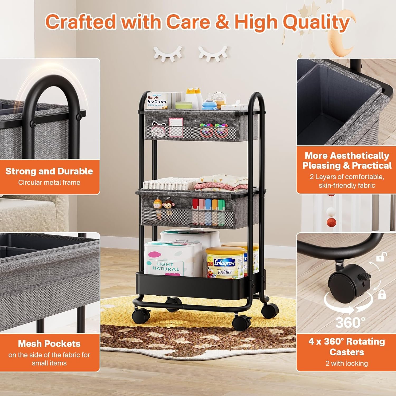 Best Baby Diaper Caddy Organizer Cart - 3 Tier Rolling Cart Organizer with Wheels, Baby Essentials for Nursery Storage, Detachable Dividers - for Crib, Bedroom, Art & Craft Organizer - Image 7