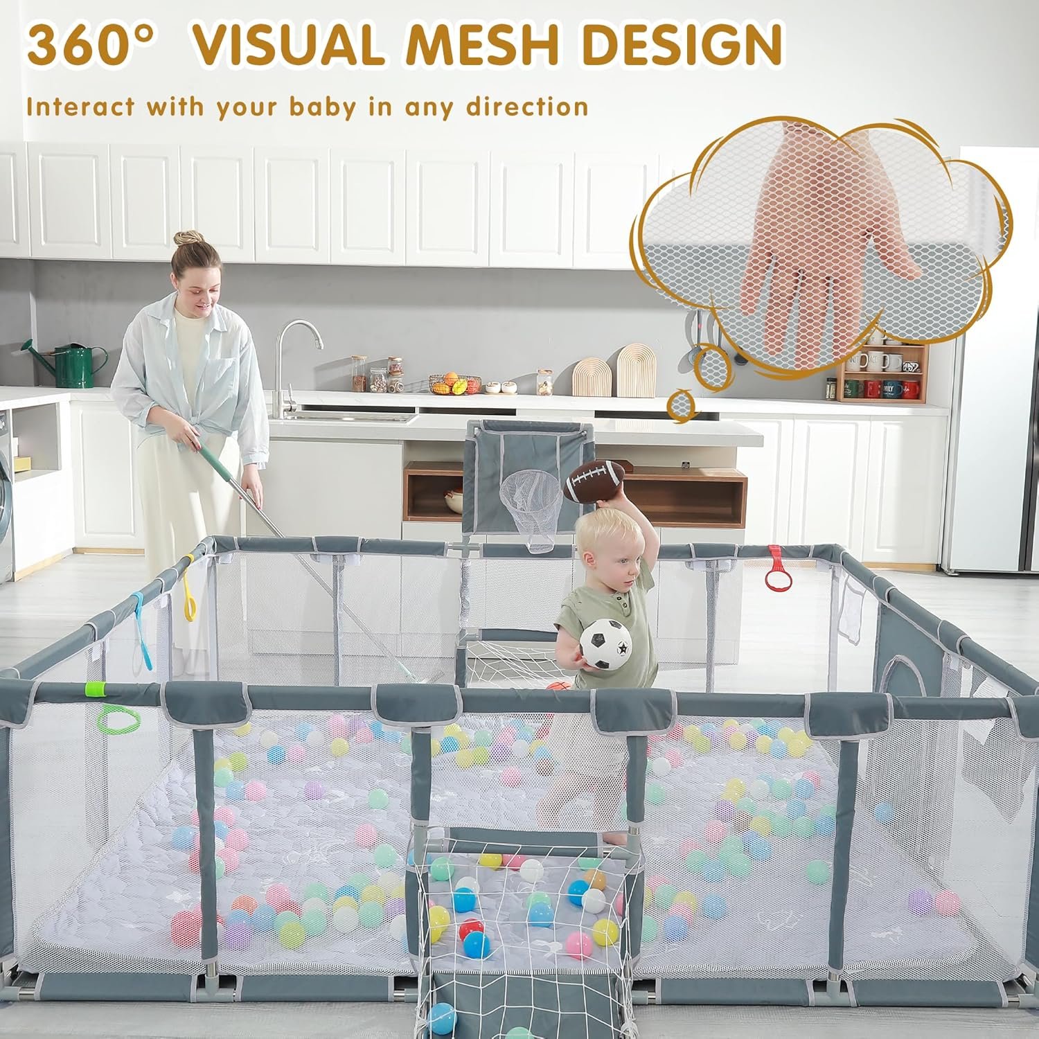 Baby Playpen with Mat Indoor & Outdoor – 79"x71" Playpen with Basketball Hoop, Football Goal & Ocean Balls