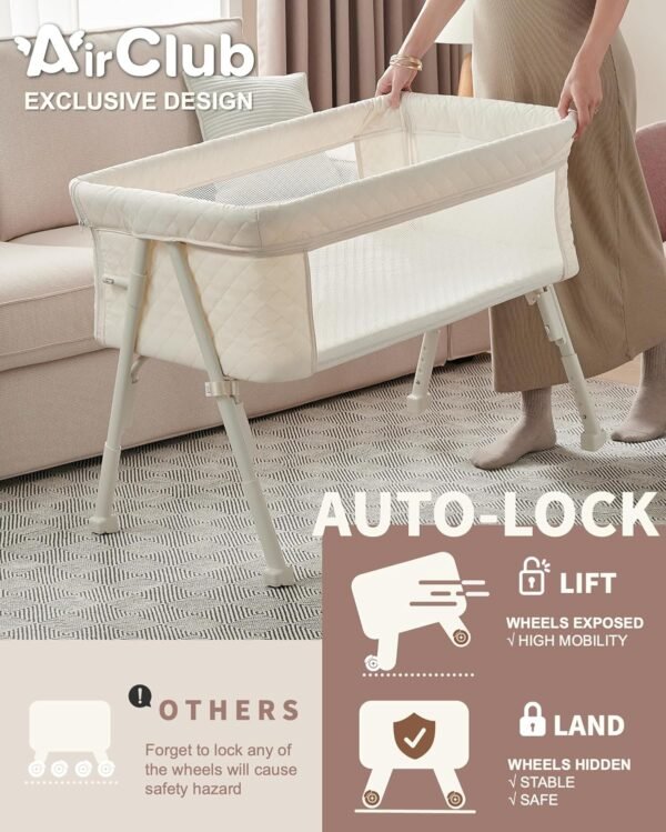 Best Bassinet Bedside Sleeper, Baby Crib for Newborn, Baby Bassinets Bedside Sleeper with 4 Auto-Lock & Adjustable Height, Breathable Mesh & Mattress, Bedside Bassinet - Image 5