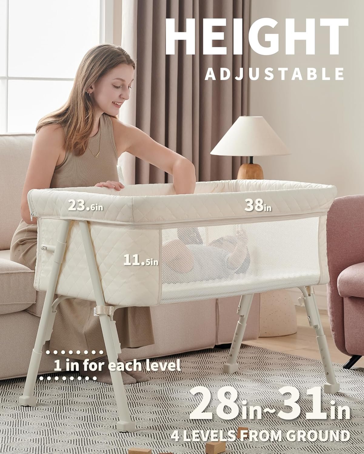 Best Bassinet Bedside Sleeper, Baby Crib for Newborn, Baby Bassinets Bedside Sleeper with 4 Auto-Lock & Adjustable Height, Breathable Mesh & Mattress, Bedside Bassinet - Image 2