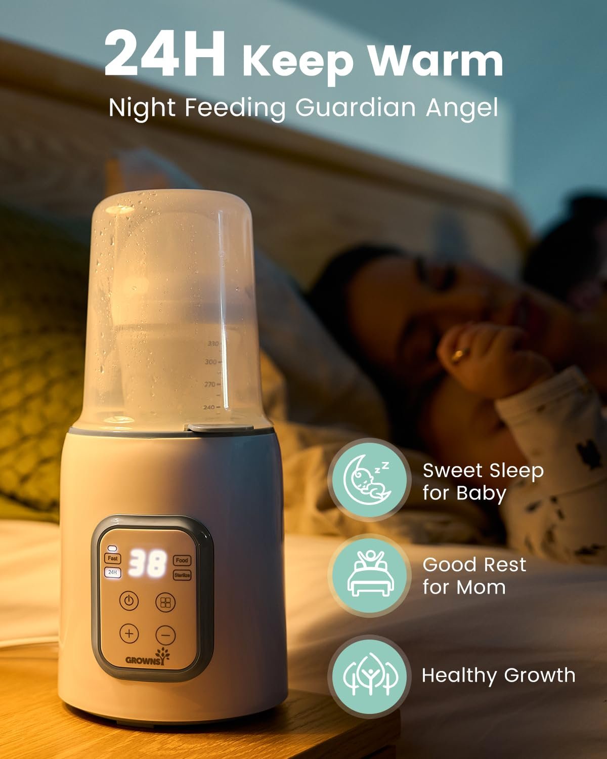 Grownsy Bottle Warmer– Fast Milk/Formula Heater with Timer, Sterilizer & Food Jar Warming