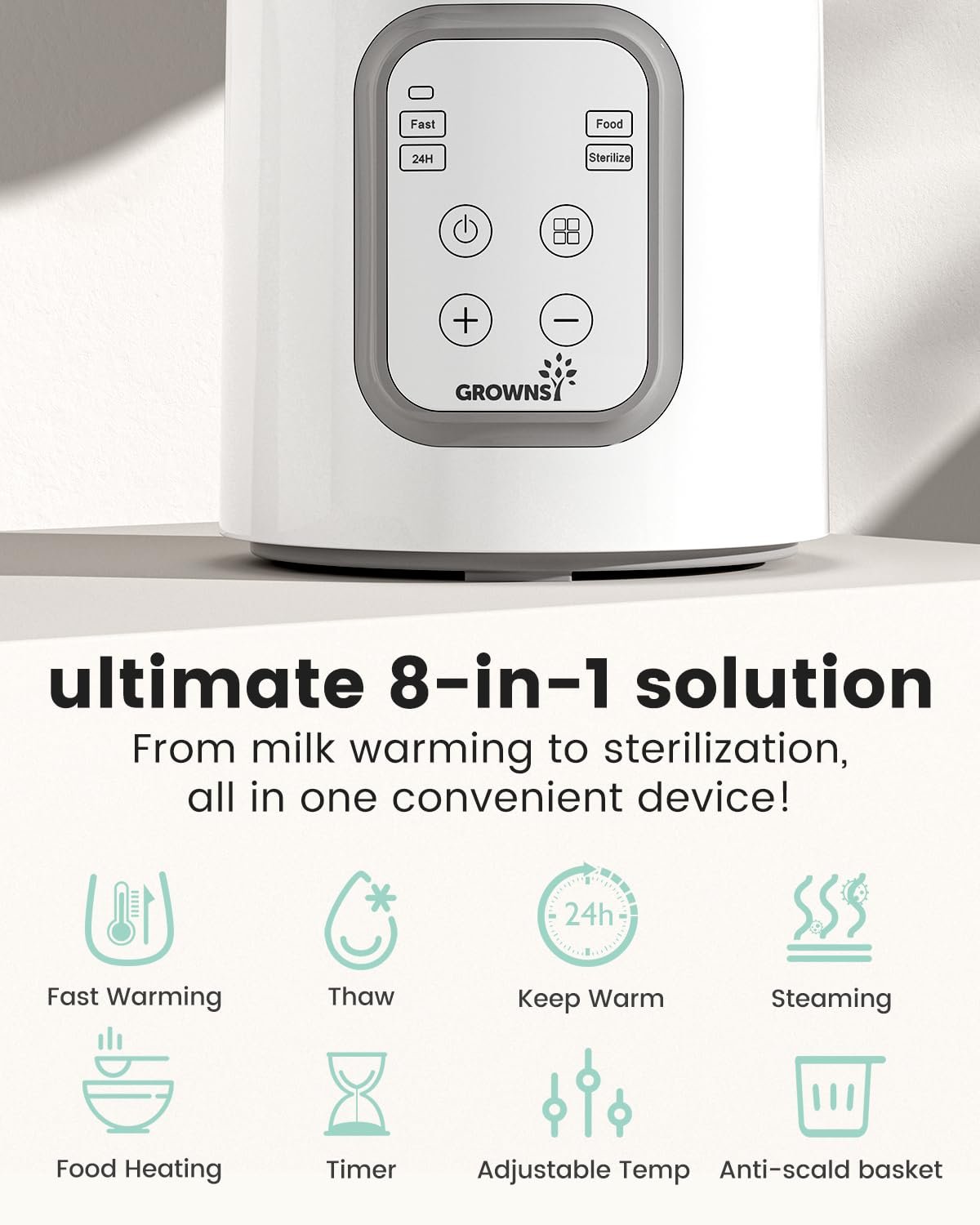 GROWNSY 8-in-1 Fast Baby Milk Warmer with Timer for Breastmilk or Formula, Accurate Temperature Control, with Defrost, Sterili-zing, Keep, Heat Baby Food Jars Function - Image 2
