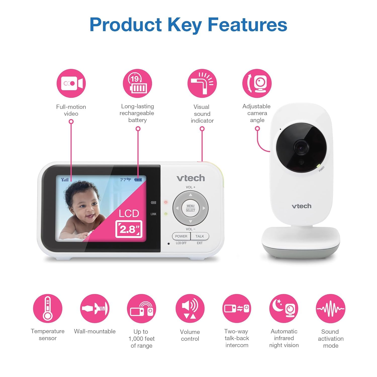 Best VTech VM819 Baby Monitor with Camera and Audio, 2.8” Screen Portable Baby Camera, Night Vision, 2-Way Audio, Temperature Sensor and Lullabies, Secure Transmission No WiFi, Ideal for Baby/Elderly/Pet - Image 4